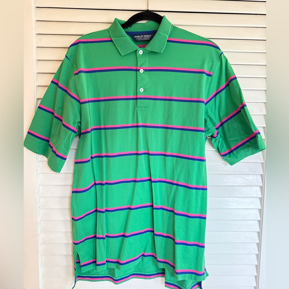 Polo by Ralph Lauren Men's Green Polo with Purple and Pink Stripes
